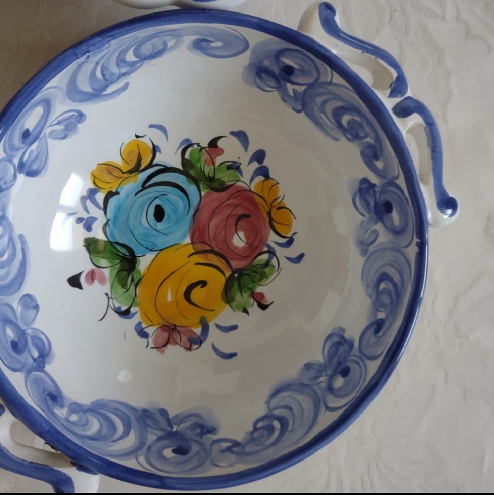 Hand painted floral blue trim jewelry bowl trinket Portugal